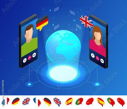 Isometric online voice translator and learning languages concept. Learning, translate languages or audio guide. Artificial Intelligence chatbot translator.