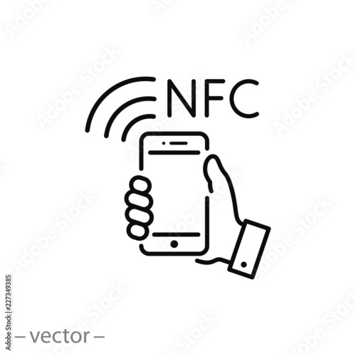 NFC communication, payment with smartphone  icon, linear sign isolated on white background - vector illustration eps10