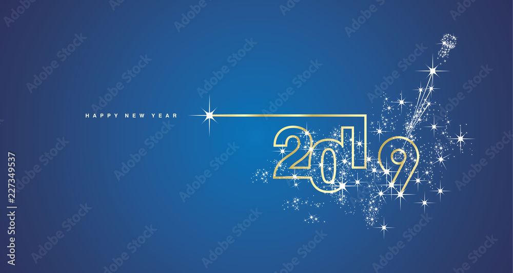Plakat New Year 2019 line design spark firework champagne gold shining white blue vector
