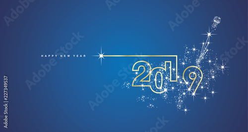 New Year 2019 line design spark firework champagne gold shining white blue vector
