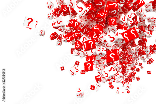 Lots of falling red and white dice with question marks on the sides. 3d illustration