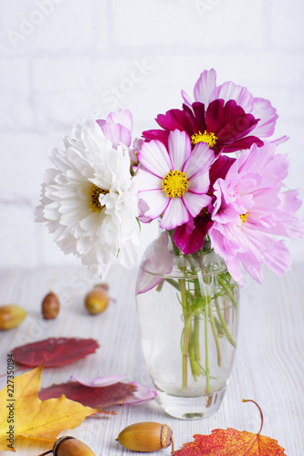 Beautiful and delicate flowers in a glass transparent vase next to autumn leaves and acorns