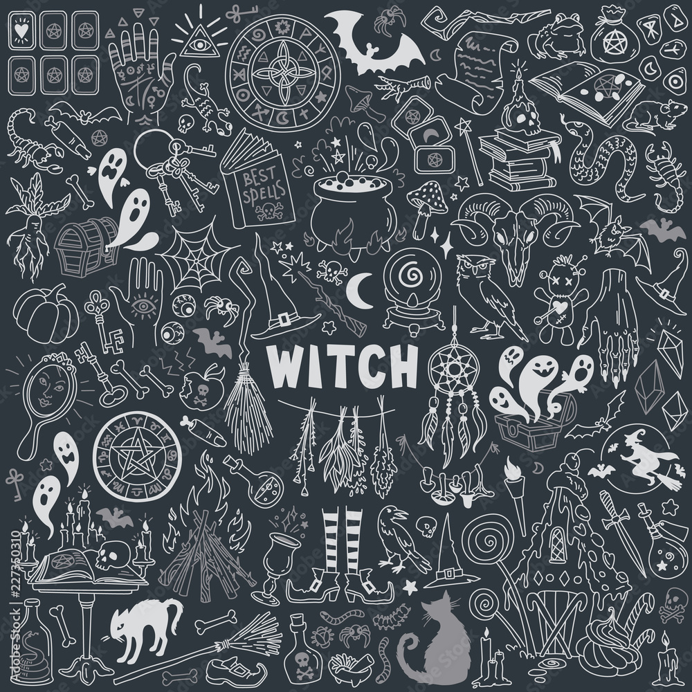 Witch and witchcraft doodles set. Palmistry, black magic, fortune telling,  tarot card reading, spirituality stuff, signs and symbols. Hand drawn  vector illustration isolated on background Stock Vector | Adobe Stock