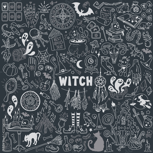 Witch and witchcraft doodles set. Palmistry, black magic, fortune telling, tarot card reading, spirituality stuff, signs and symbols. Hand drawn vector illustration isolated on background