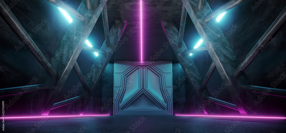 Modern Futuristic Sci Fi Spaceship Triangle Dark Empty Corridor With Door And Purple And Blue Neon Glowing Tube Lights Reflections Background 3D Rendering