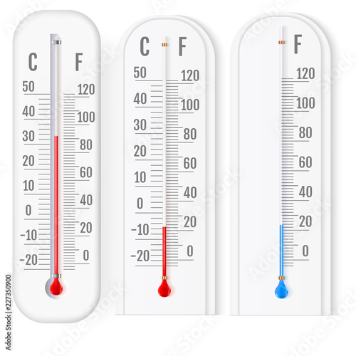 Classic outdoor and indoor fahrenheit and celsius thermometers set for meteorological measurements realistic vector illustration