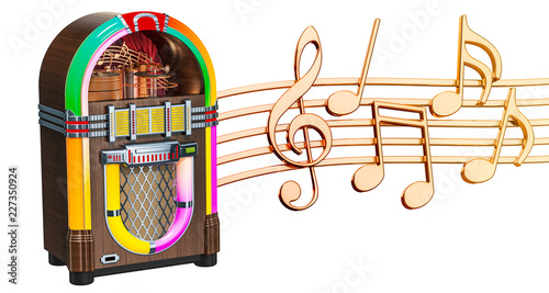 Musical concept. Jukebox with music notes, 3d rendering