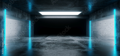 Sci-Fi Futuristic Modern Grunge Concrete Empty Underground Tunnel Corridor Garage With Reflections And Blue Neon Glowing Tube Lights 3D Rendering