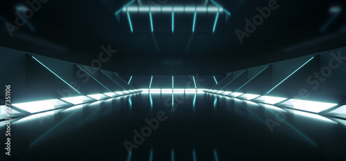 Futuristic Modern Sci Fi Dark Empty Spaceship Tunnel Corridor Room With Blue White Glowing Lights And Reflections Technology Concept Background 3D Rendering