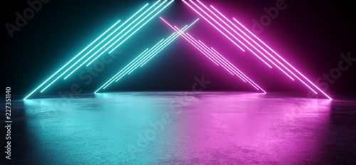 Fototapeta Naklejka Na Ścianę i Meble -  Empty Modern Sci Fi Futuristic Dark Room With Reflection Grunge Concrete Floor And Blue Purple Neon Glowing Electric Tube Triangle Shapes Lights With Black Background 3D Rendering