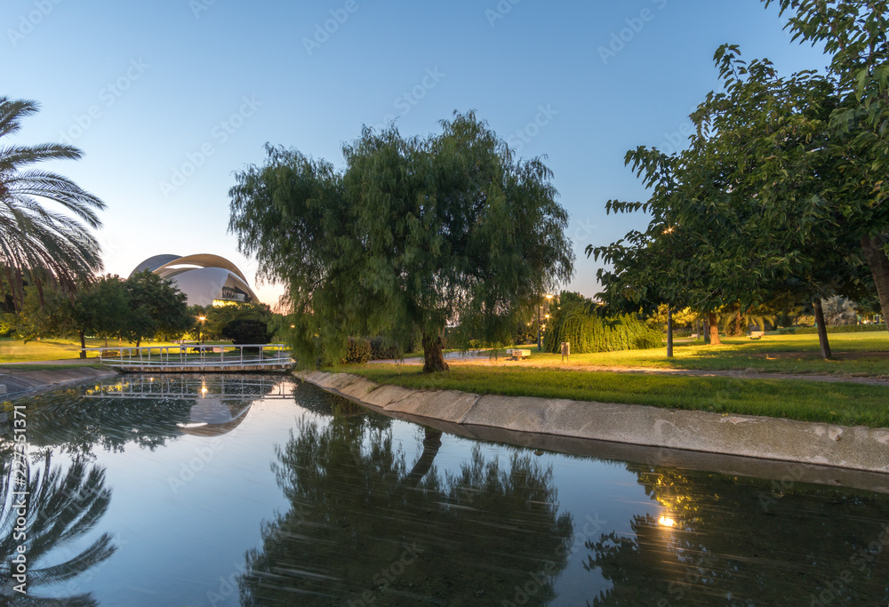 landscape of Turia River gardens Jardin del Turia, leisure and sport area in Valencia, Spain. reflection in the water, wide angle, lights lighting, night view panorama.