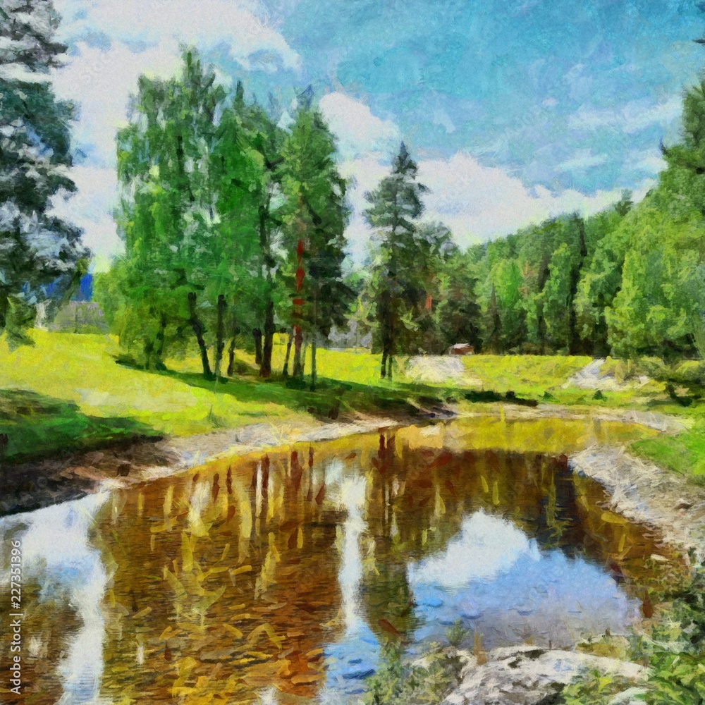Hand drawing watercolor art on canvas. Artistic big print. Original modern painting. Acrylic dry brush background. Beautiful forest landscape. Wonderful travel view. Charming resort.