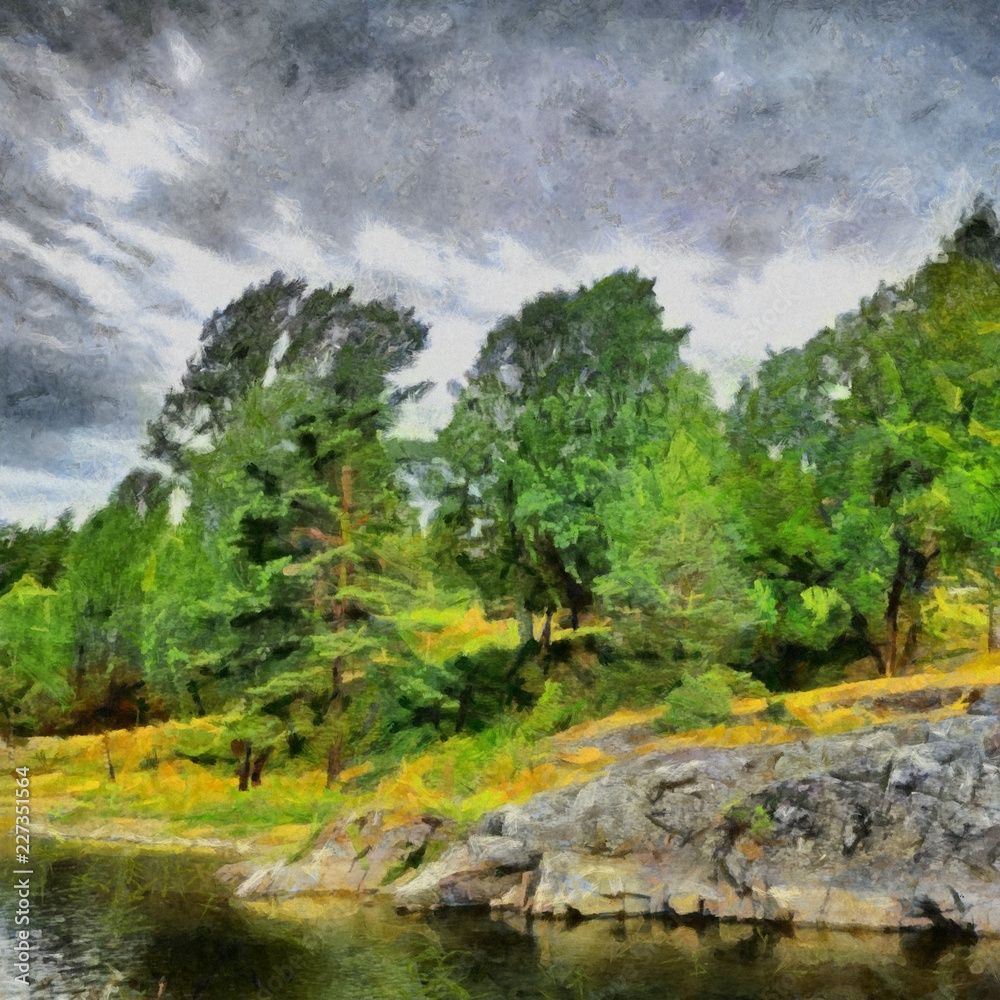 Obraz premium Hand drawing watercolor art on canvas. Artistic big print. Original modern painting. Acrylic dry brush background. Beautiful autumn landscape. Wonderful travel view. Charming resort.