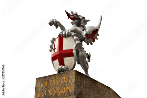 City of London Griffin on pedestal isolated on white background, shallow focus