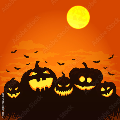 Five smiling halloween pumpkins with bats, clouds and full moon on orange background. Poster template.