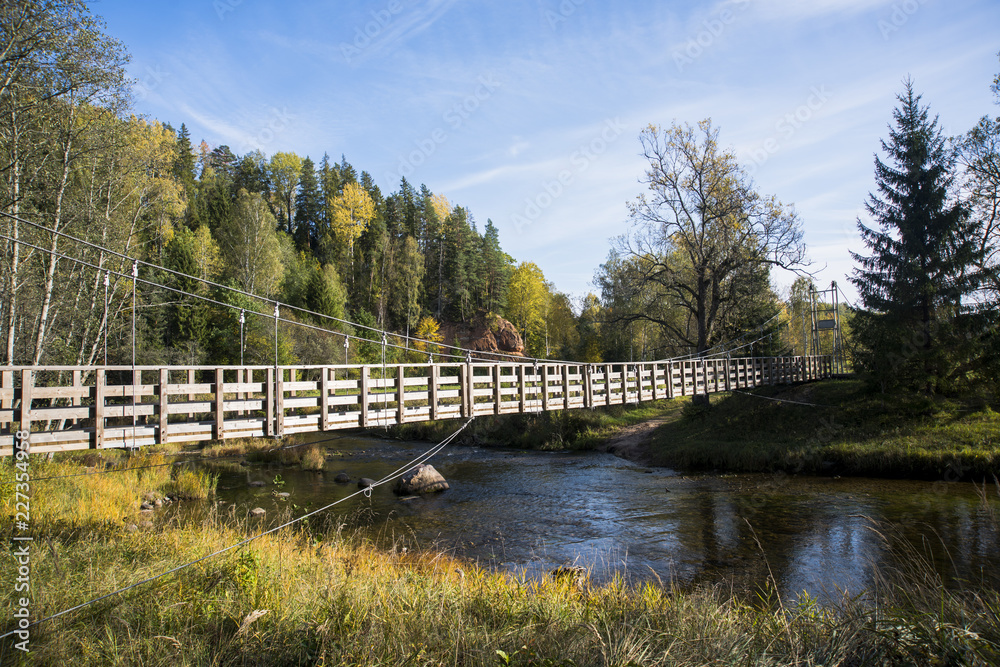 Suspension bridge on a rope on the background of the autumn landscape.