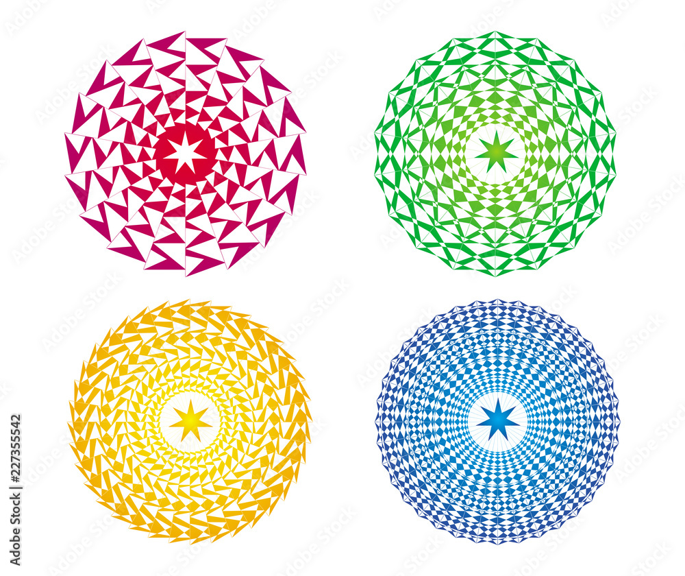 4 colorful mandala with a seven-star. Mystical symbol, openwork  circular ornament. Vector drawing.
