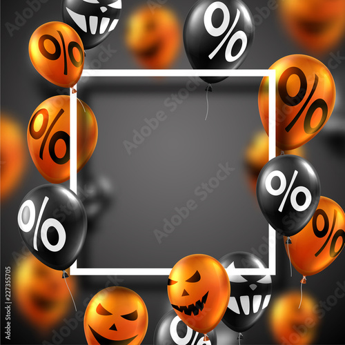 Halloween card with black and orange balloons. Holiday sale.
