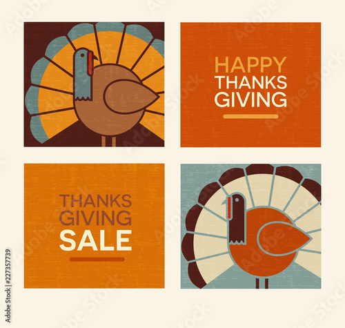 Happy Thanksgiving and autumn design elements set. Abstract turkeys and text designs. For greeting cards, web pages, banners, posters, decoration.