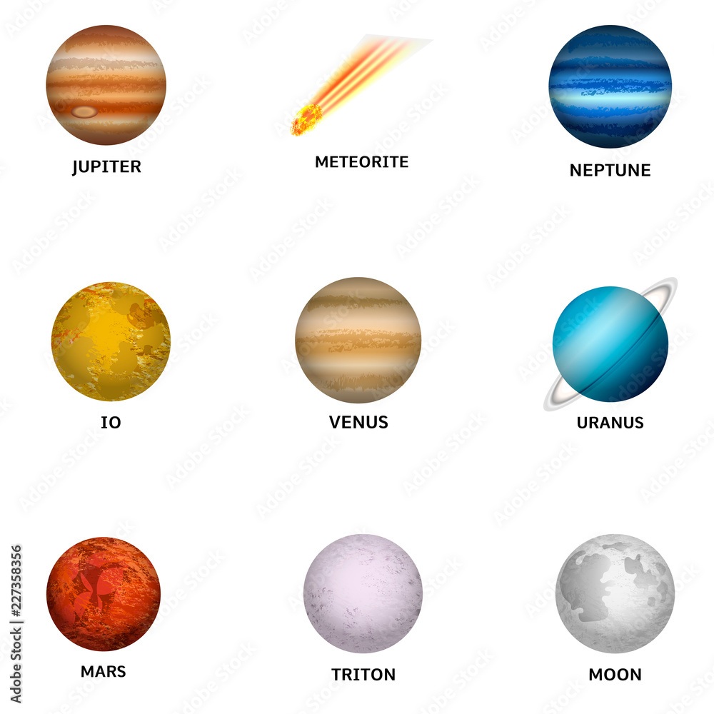 Space planet icon set. Realistic set of space planet vector icons for ...