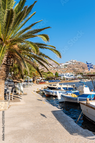 Palm trees growing on coastal promenade in port of Livadi. Serifos island  Greece