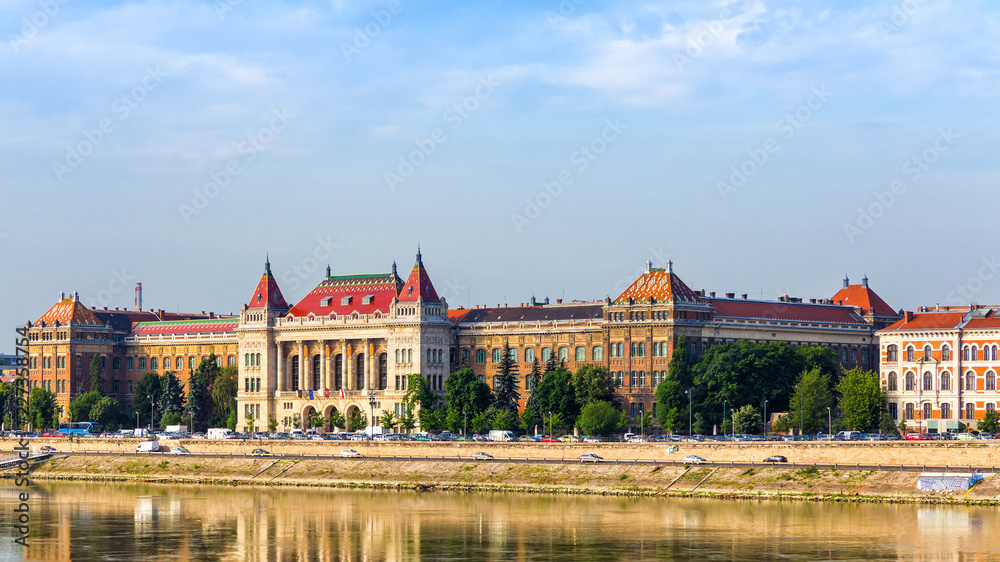 Fototapeta premium Budapest university of technology and economics on the bank of Danube river, Hungary