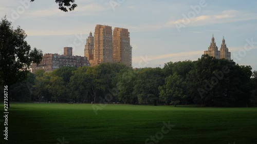 A medium establishing shot of the Sheep Meadow lawn in Central Park on a warm summer evening. Upscale condo buildings seen in the distance.  	