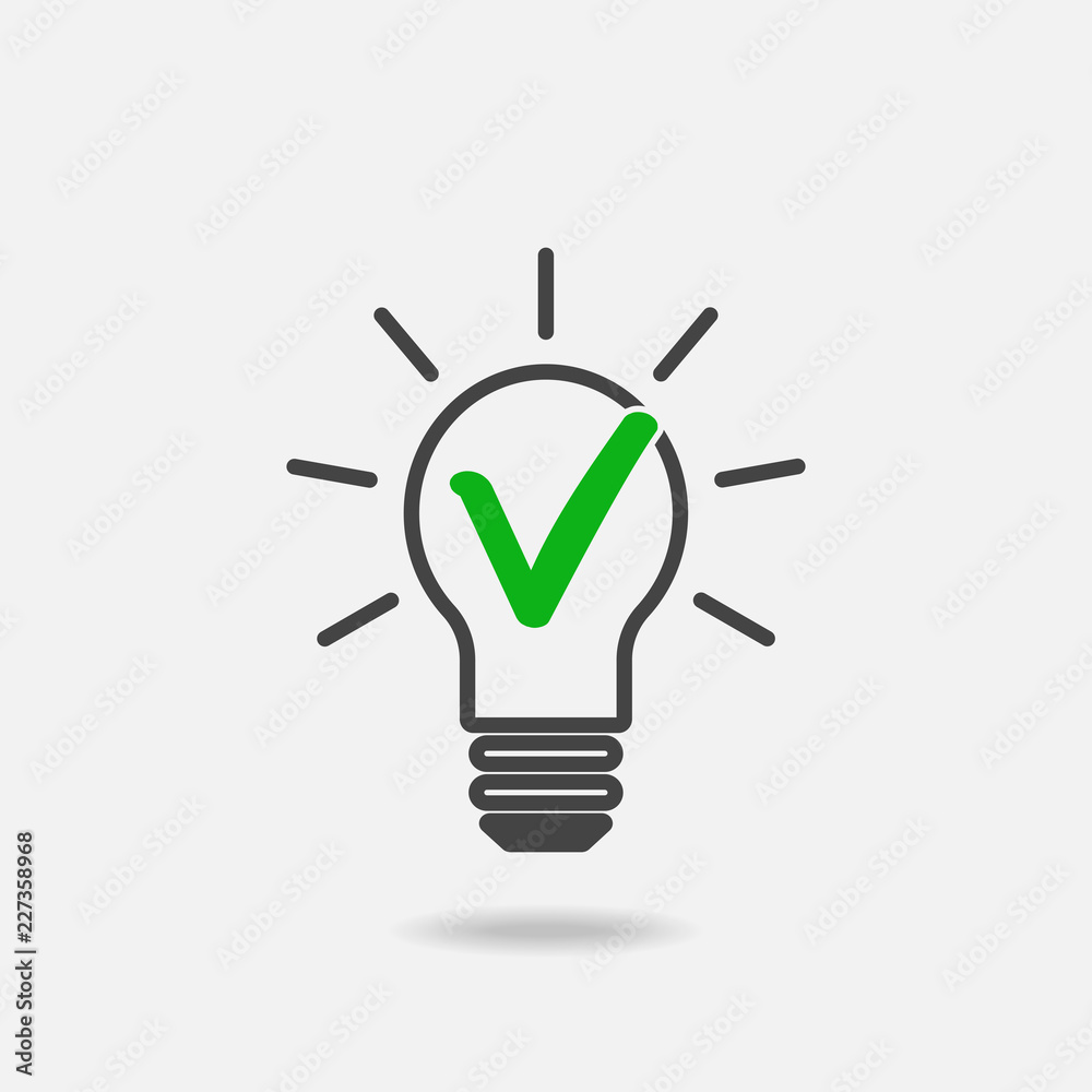Light bulb and green checkmark vector icon. The symbol of the origin of the idea. Flat image euro icon with shadow. Layers grouped for easy editing illustration. For your design. Light bulb and green checkmark vector icon. The symbol of the origin of the idea. Flat image euro icon with shadow. Layers grouped for easy editing illustration. For your design.