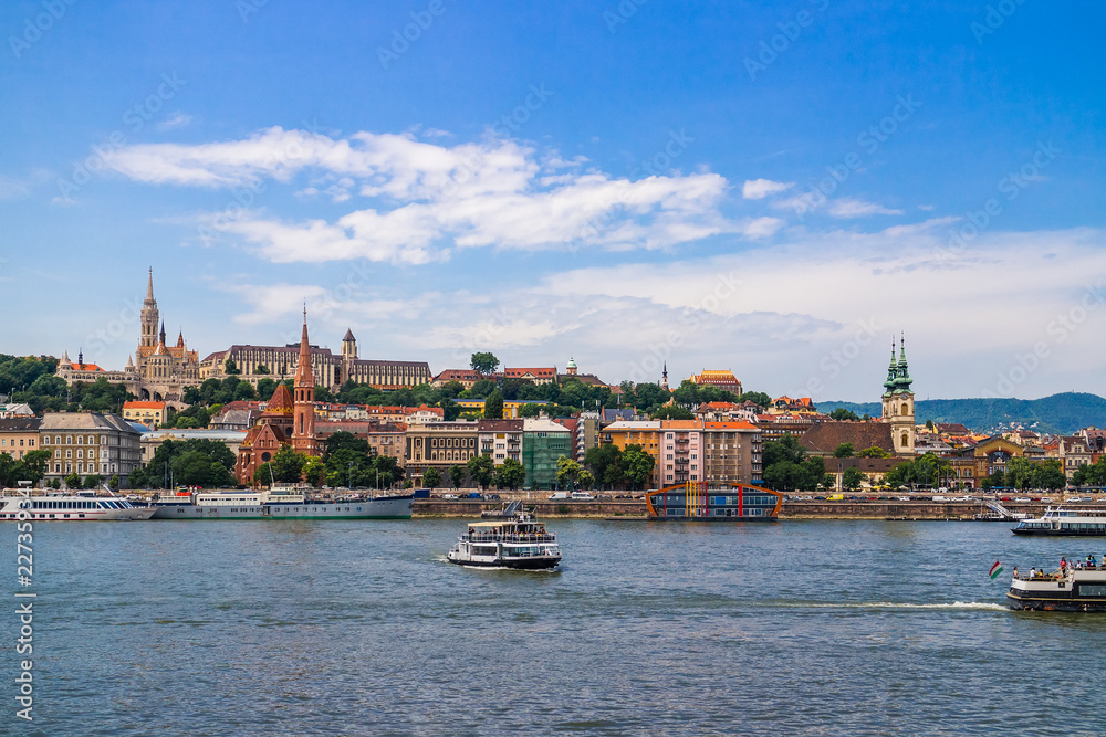 Cityscape of historical district in Budapest city on bank of Danube river, Hungary