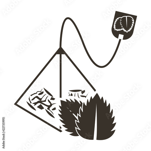 Icon tea bag pyramid with a taste of mint or lemon balm. Logo in flat style