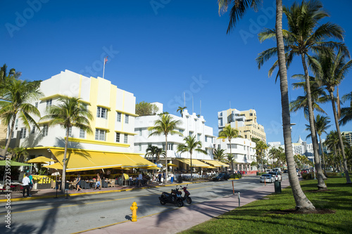 Bright scenic morning view of Ocean Drive in South Beach, Miami, Florida, USA