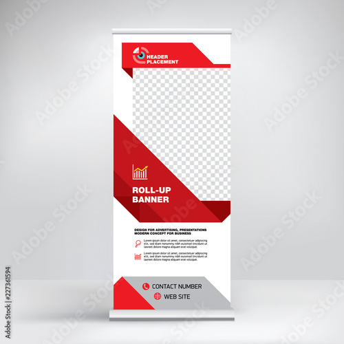 Roll-up design, modern graphic style, banner for advertising goods and services, stand for exhibitions, presentations, conferences, seminars. Abstract red background. Template for photos and text. photo