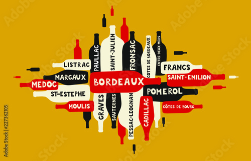 many wine bottles of different form and size going in different directions with Bordeaux appellations written on bottles - vector illustration photo