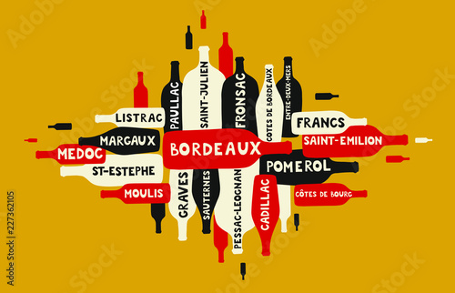 many wine bottles of different form and size going in different directions with Bordeaux appellations written on bottles - vector illustration