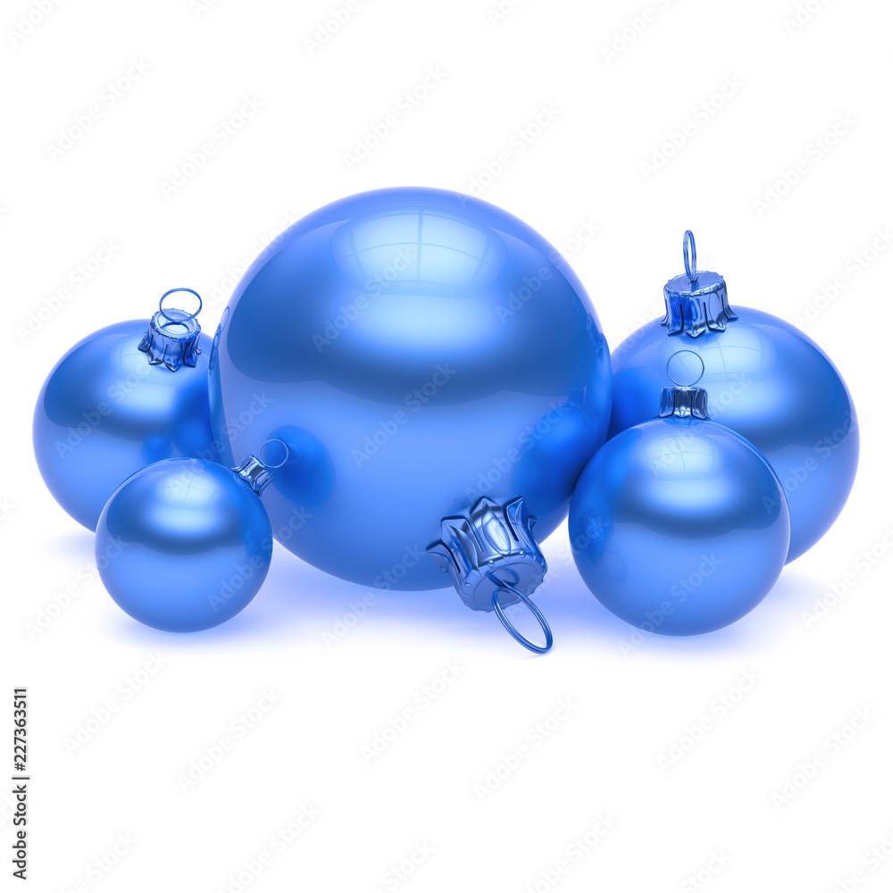 Christmas balls blue decoration five blank glossy. New Years Eve bauble group, wintertime decoration hanging adornment, modern traditional Xmas symbol. 3d illustration