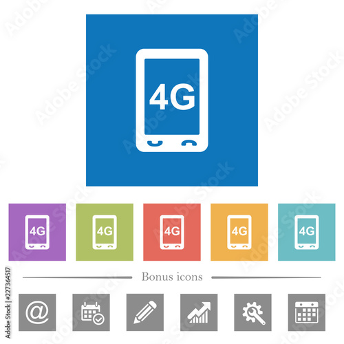 Fourth generation mobile connection speed flat white icons in square backgrounds