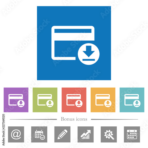 Money withdrawal with credit card flat white icons in square backgrounds