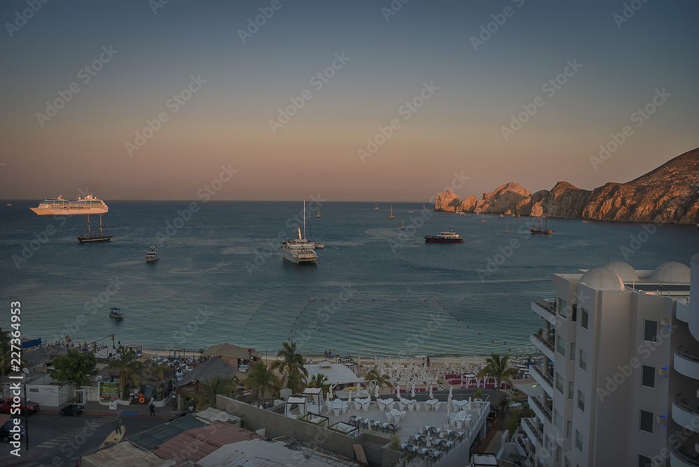 Fototapeta premium A cruise ship at anchor in the bay at Cabo San Lucas, Baja California, Mexico.