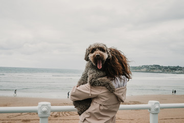 .Young woman wearing a pink coat, playing with her adorable brown spanish water dog on the seafront of Gijon in the north of Spain on a cloudy summer day. Having fun, relaxed afternoon. Lifestyle