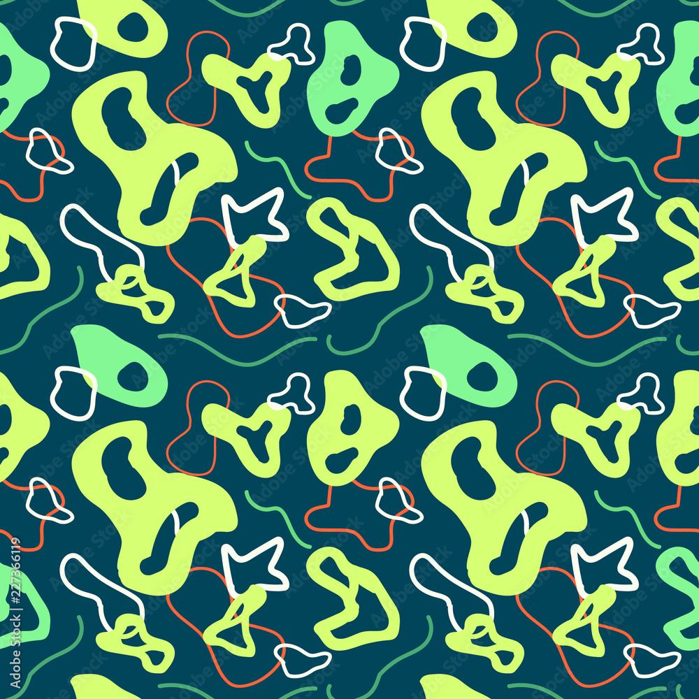 Vector illustration seamless abstract pattern in green colors. Doodle art and texture for wallpaper, fabric, textile, and decoration.