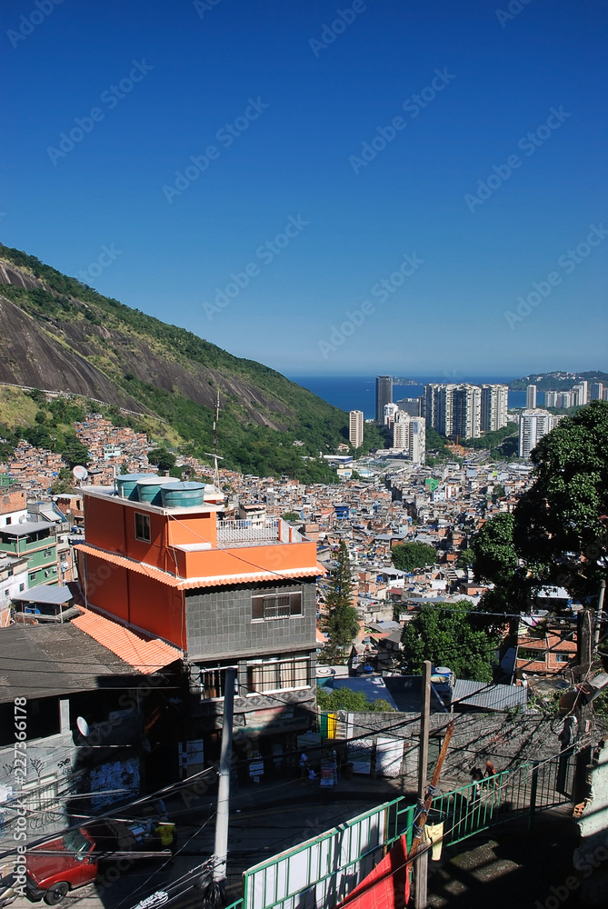 A favela on the hillside of a steep hill on the outskirts of Rio de Janeiro, Brazil