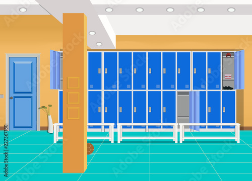 Locker or changing room for football, basketball team. Dressing of sports uniform, training equipment, athletic costume. Shelves in school gym, cartoon background