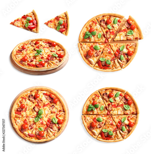 Set with delicious pizza on white background