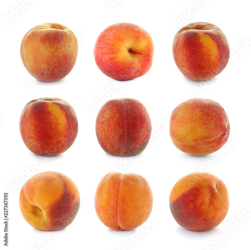 Set with juicy ripe peaches on white background