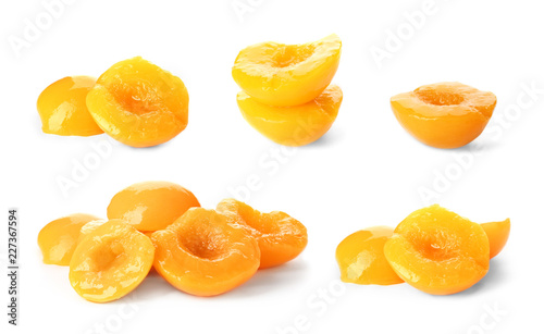 Set with conserved peaches on white background