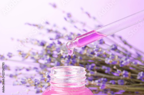 Fototapeta Naklejka Na Ścianę i Meble -  Dripping natural lavender oil into bottle against blurred background, closeup