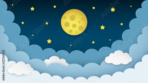 Full moon, stars, clouds on the dark midnight sky background. Night sky scene...