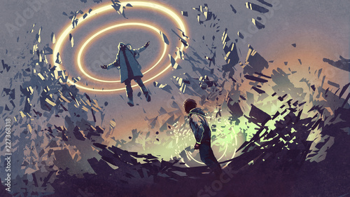 Fototapeta scena science-fiction pokazująca walkę dwóch futurystycznych mężczyzn z magią, cyfrowy styl, ilustracja malarstwo