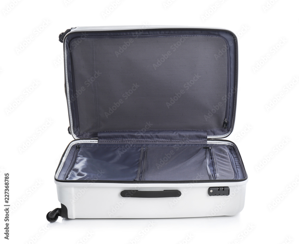 Open suitcase for travelling on white background