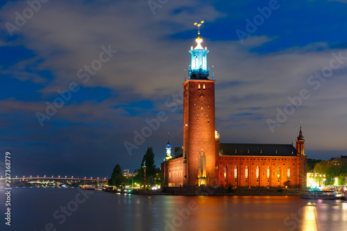 Stockholm City Hall or Stadshuset at night in the Old Town in Stockholm, capital of Sweden